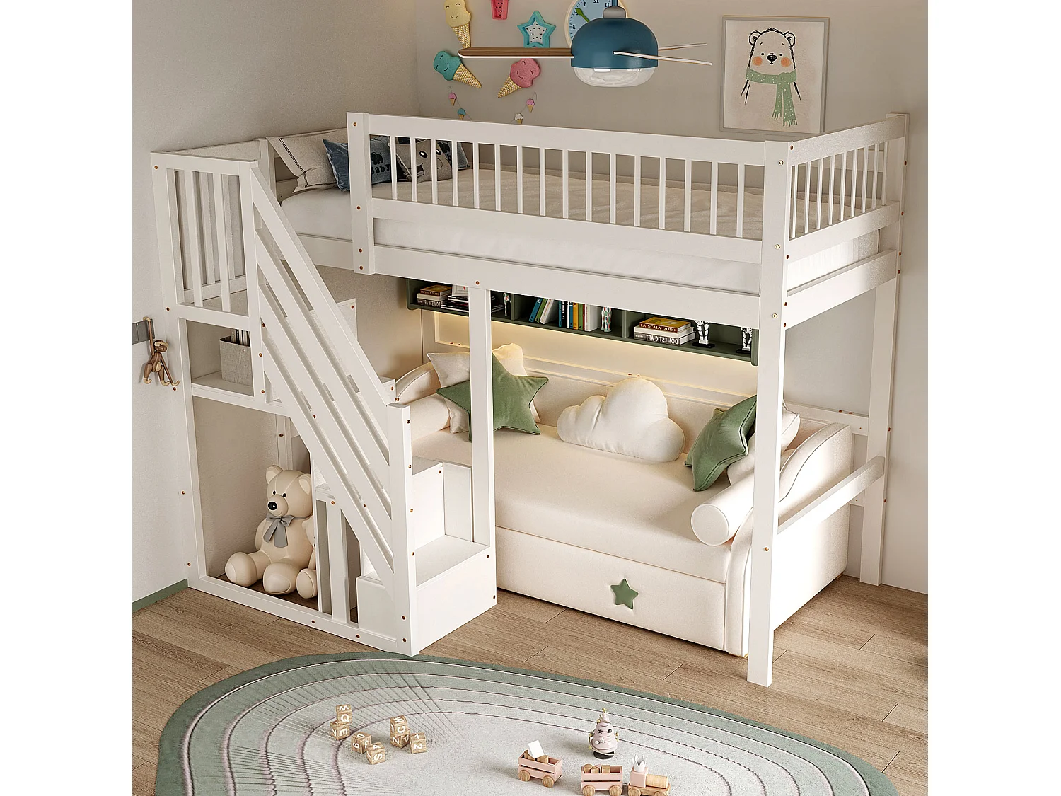Lit surélevé 90x200 cm blanc en bois massif, avec escalier de rangement, lit enfant et ado, cadre simple sécurisé