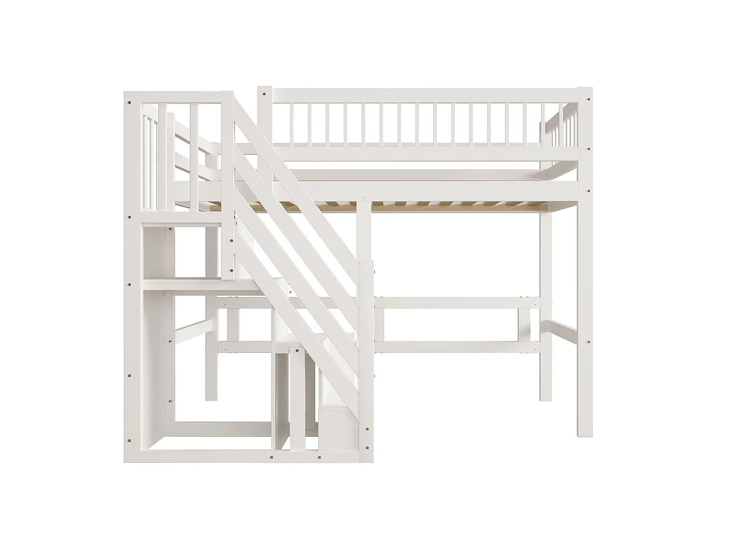 Lit surélevé 90x200 cm blanc en bois massif, avec escalier de rangement, lit enfant et ado, cadre simple sécurisé