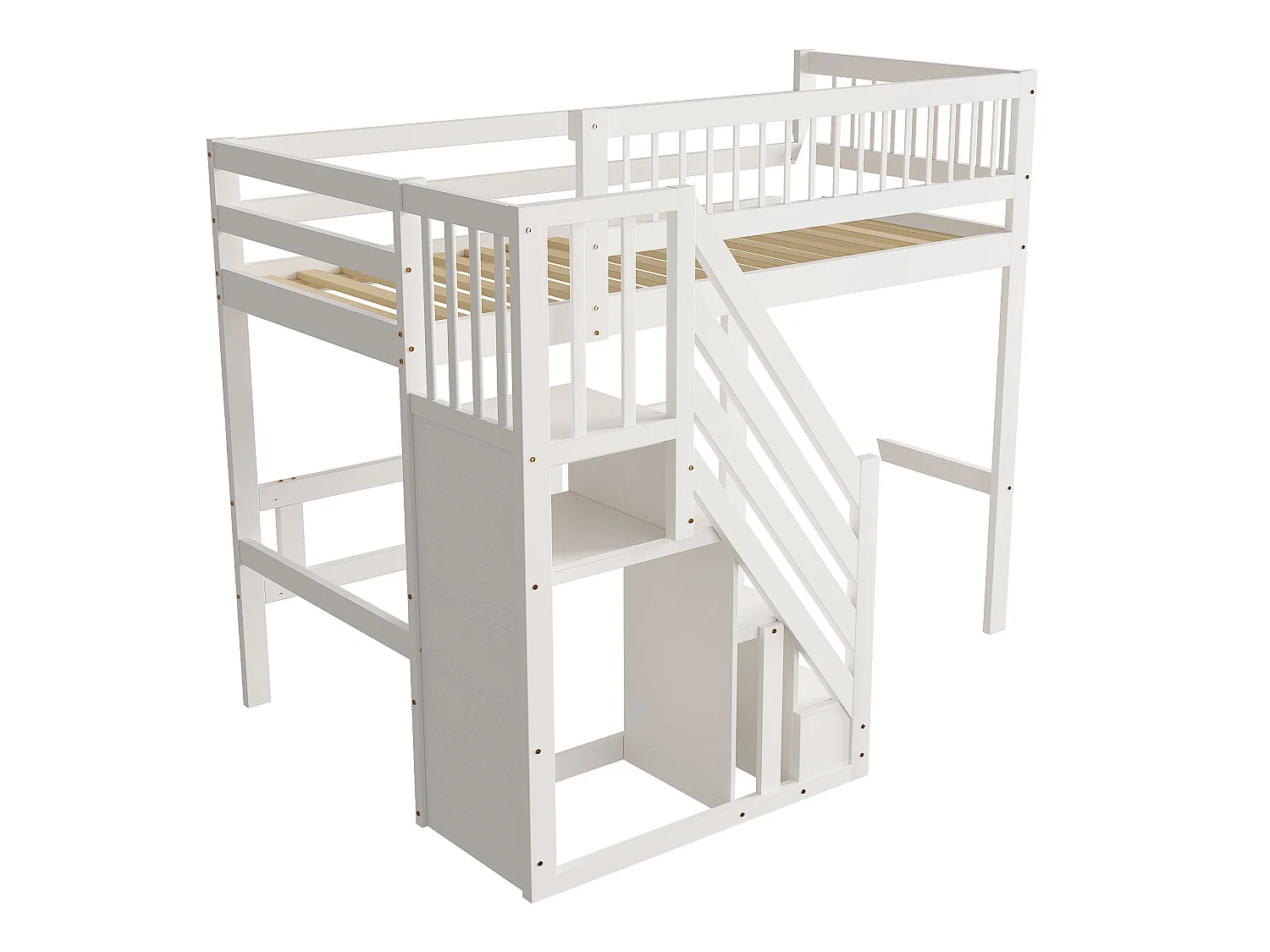 Lit surélevé 90x200 cm blanc en bois massif, avec escalier de rangement, lit enfant et ado, cadre simple sécurisé