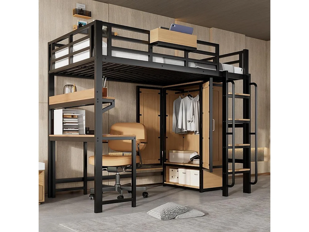 Lit mezzanine 90x200 cm, armoire 2 portes, bureau, étagère, escalier avec rampe, rangements, MDF, noir naturel