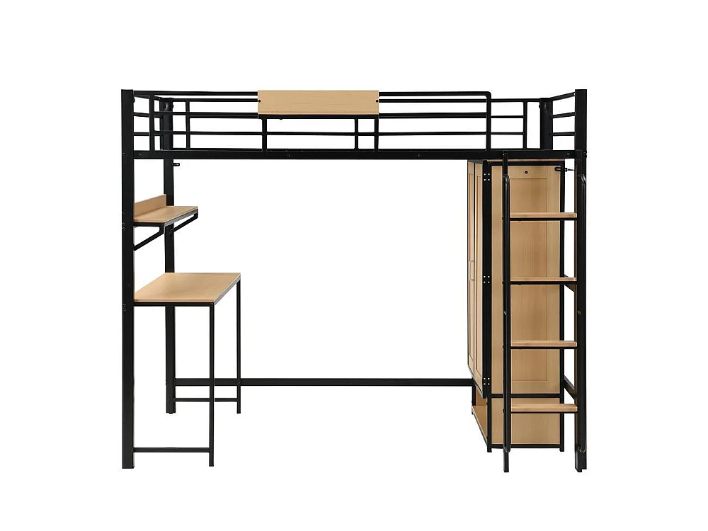 Lit mezzanine 90x200 cm, armoire 2 portes, bureau, étagère, escalier avec rampe, rangements, MDF, noir naturel