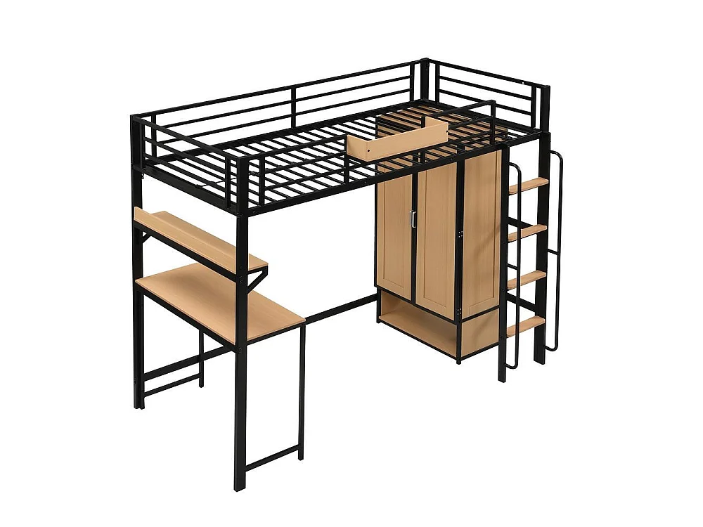 Lit mezzanine 90x200 cm, armoire 2 portes, bureau, étagère, escalier avec rampe, rangements, MDF, noir naturel