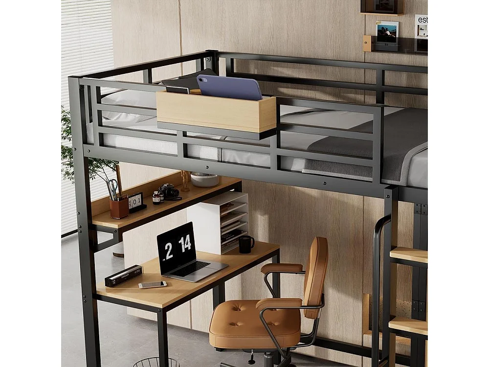 Lit mezzanine 90x200 cm, armoire 2 portes, bureau, étagère, escalier avec rampe, rangements, MDF, noir naturel