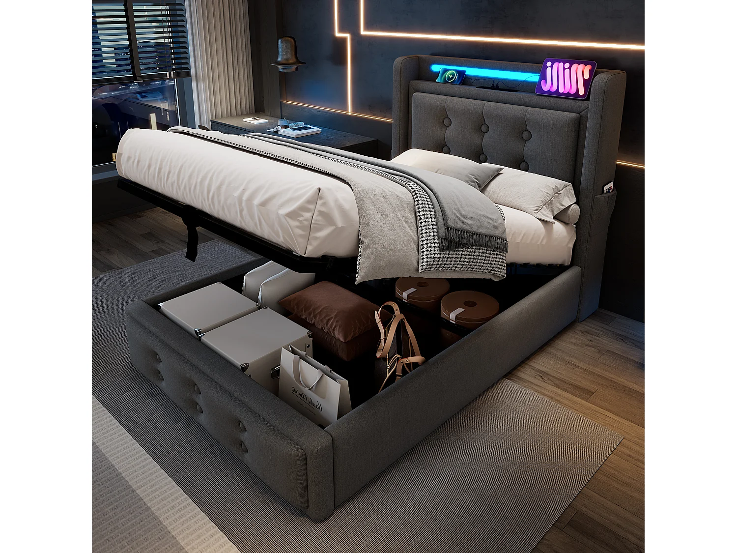Lit simple 90x200 cm en coton avec tête de lit LED et USB C, rangement hydraulique, sommier à lattes, gris