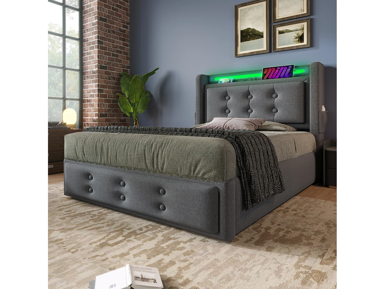 Lit simple 90x200 cm en coton avec tête de lit LED et USB C, rangement hydraulique, sommier à lattes, gris