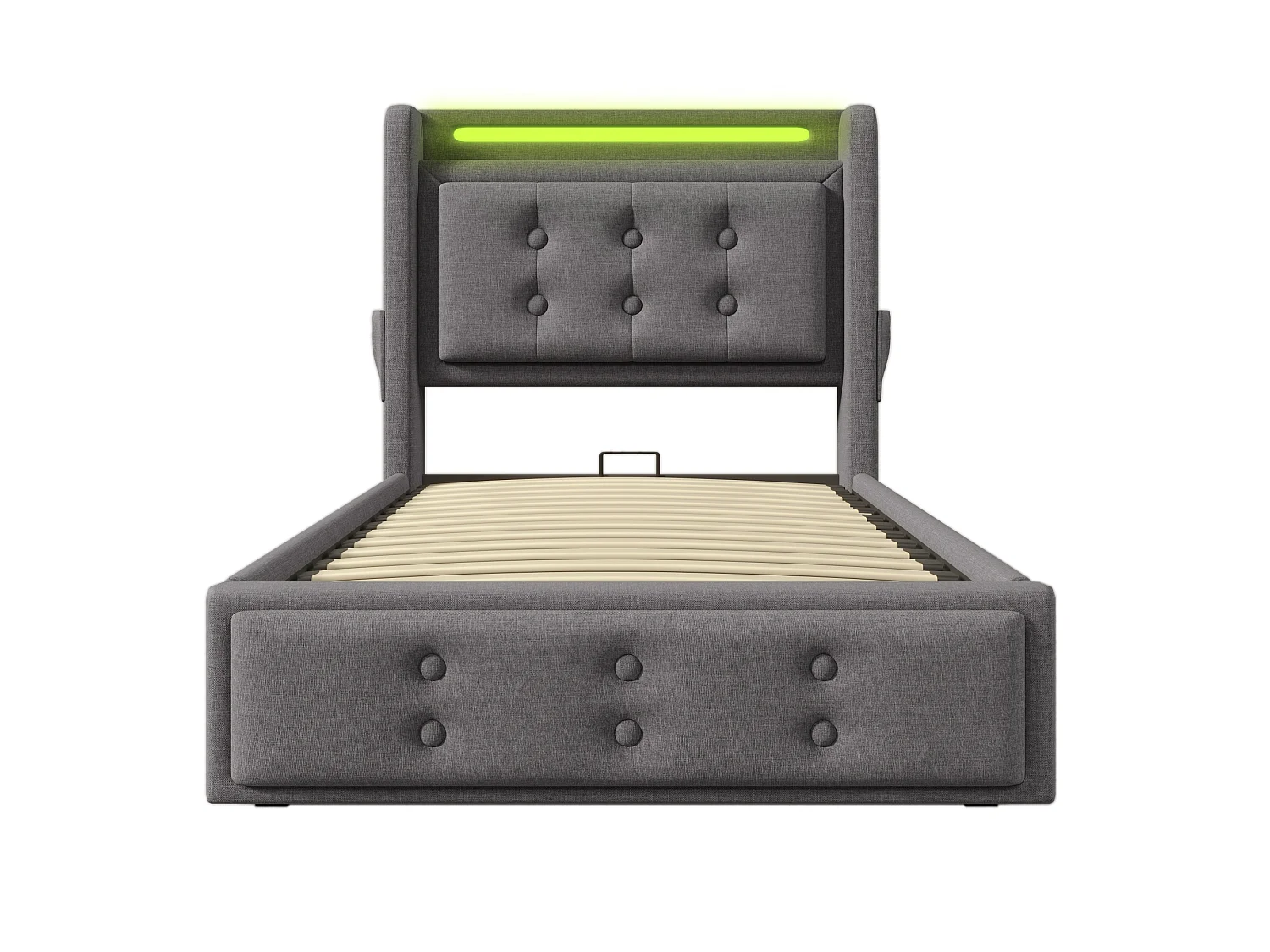 Lit simple 90x200 cm en coton avec tête de lit LED et USB C, rangement hydraulique, sommier à lattes, gris