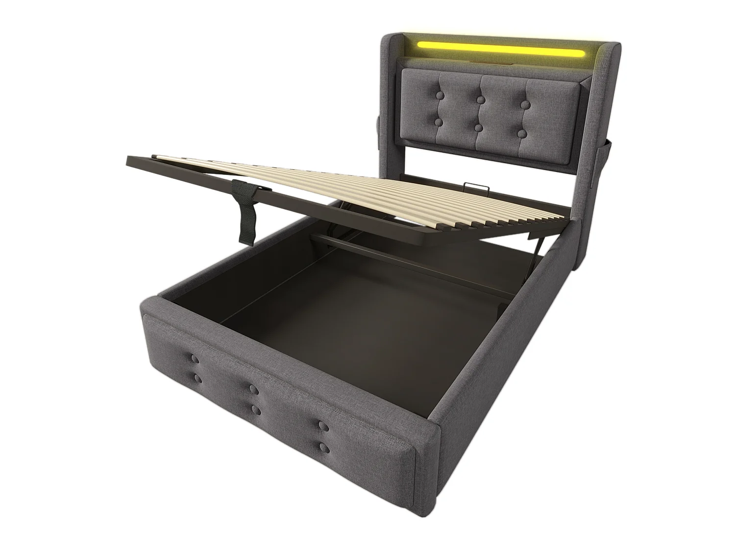 Lit simple 90x200 cm en coton avec tête de lit LED et USB C, rangement hydraulique, sommier à lattes, gris