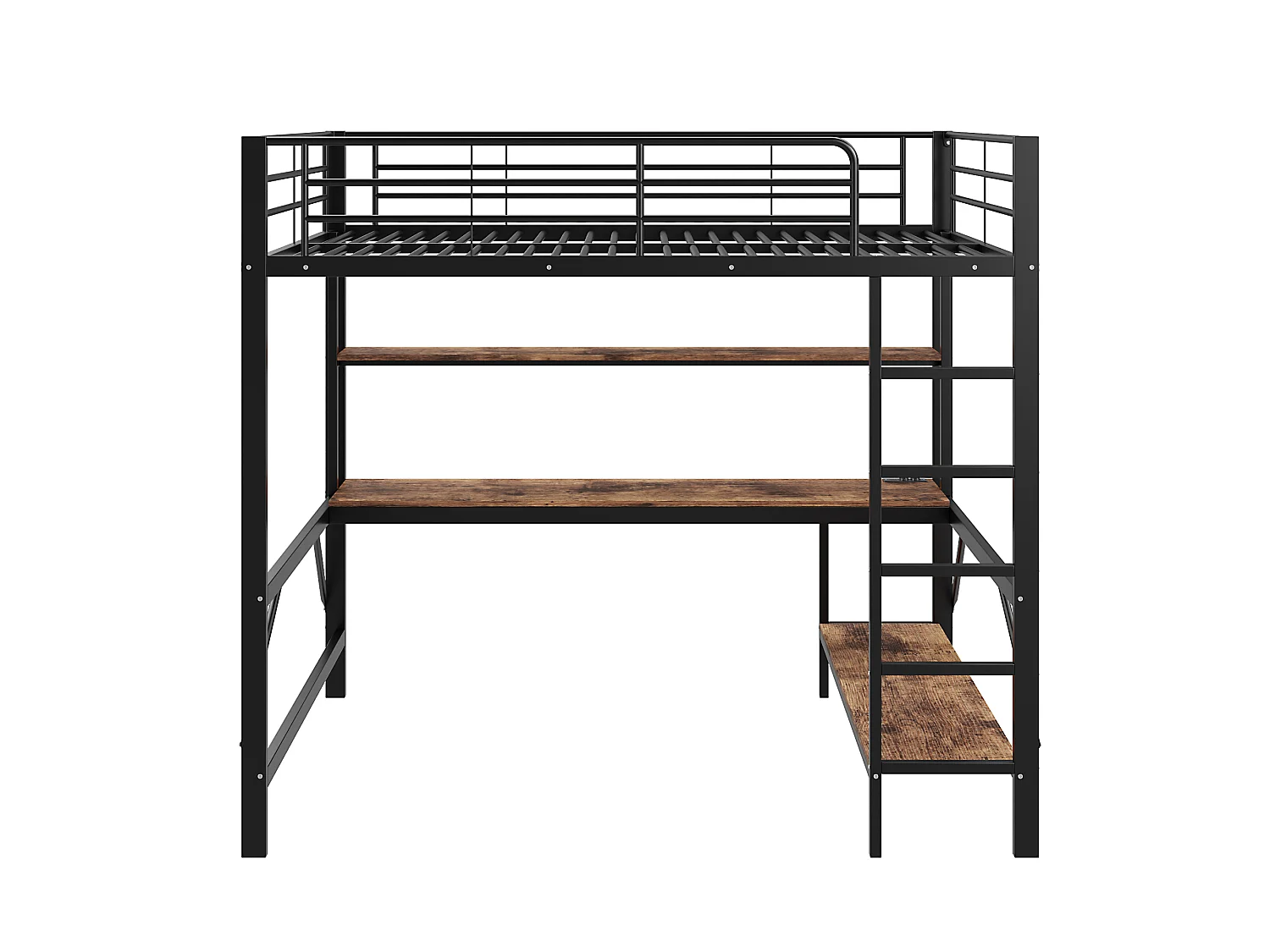 Lit Mezzanine Noir 140x200 cm avec Bureau Étagères LED, Prises USB et Secteur, Échelle Garde-Corps Sécurité, Métal MDF, Contrôle App