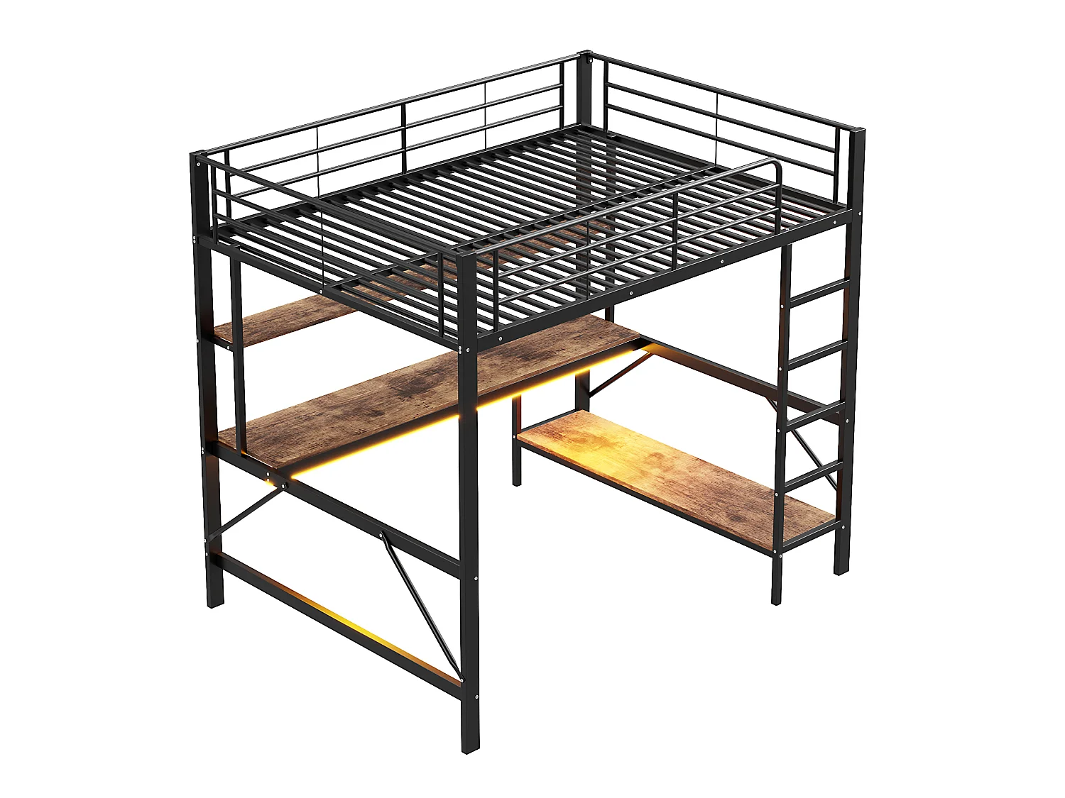 Lit Mezzanine Noir 140x200 cm avec Bureau Étagères LED, Prises USB et Secteur, Échelle Garde-Corps Sécurité, Métal MDF, Contrôle App