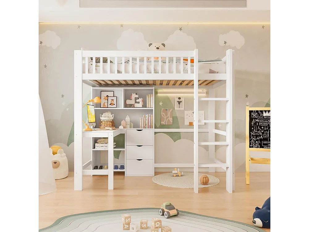 Lit mezzanine 90x200 cm pour enfants avec bureau intégré, 3 tiroirs, étagères multiples, échelle, garde-corps sécurisé, blanc