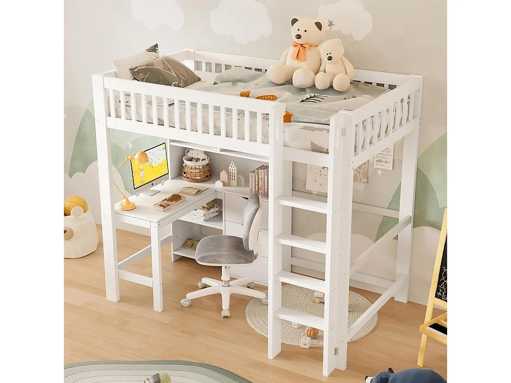 Lit mezzanine 90x200 cm pour enfants avec bureau intégré, 3 tiroirs, étagères multiples, échelle, garde-corps sécurisé, blanc