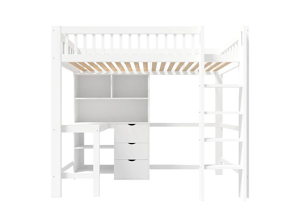Lit mezzanine 90x200 cm pour enfants avec bureau intégré, 3 tiroirs, étagères multiples, échelle, garde-corps sécurisé, blanc