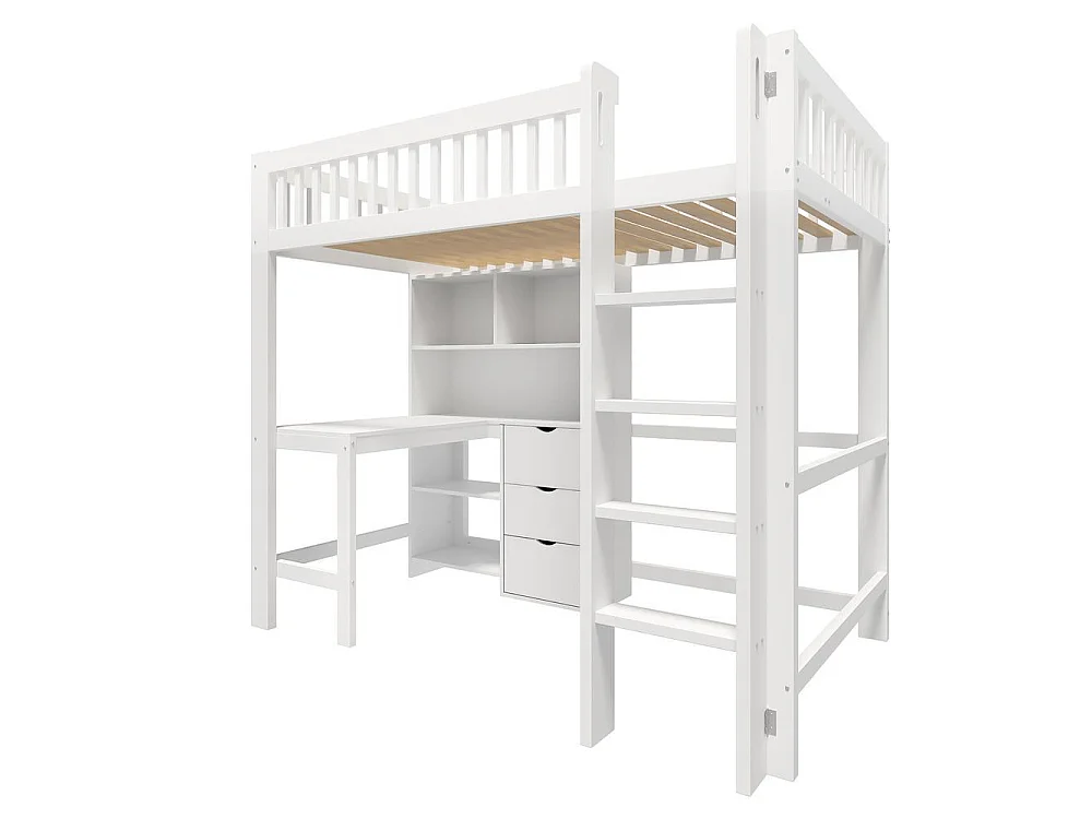 Lit mezzanine 90x200 cm pour enfants avec bureau intégré, 3 tiroirs, étagères multiples, échelle, garde-corps sécurisé, blanc