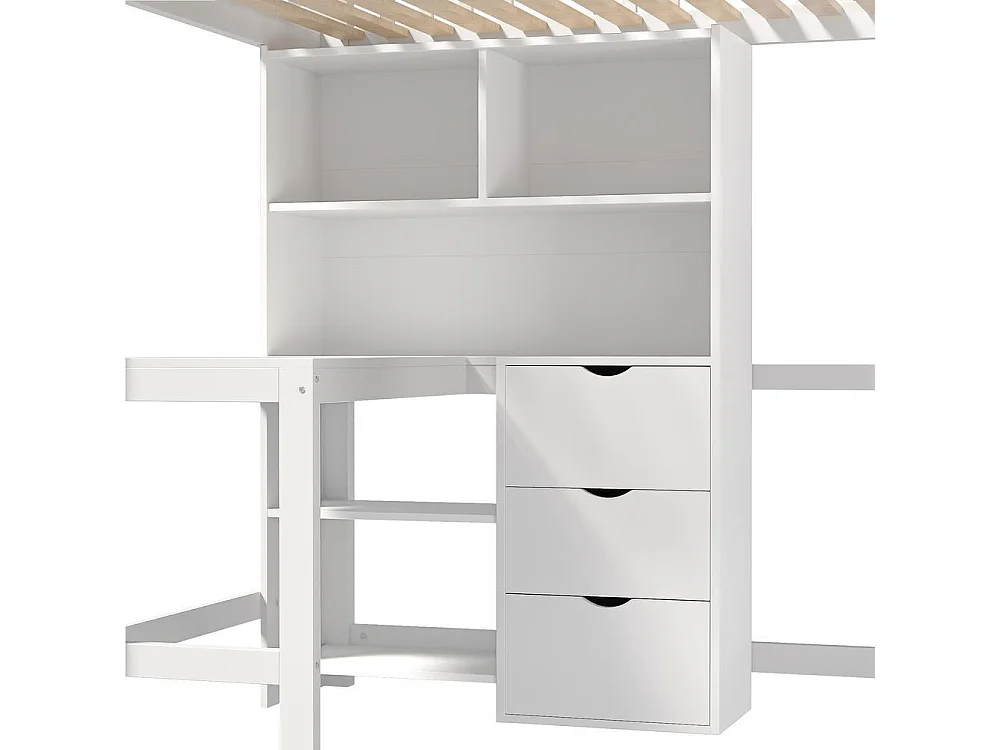 Lit mezzanine 90x200 cm pour enfants avec bureau intégré, 3 tiroirs, étagères multiples, échelle, garde-corps sécurisé, blanc