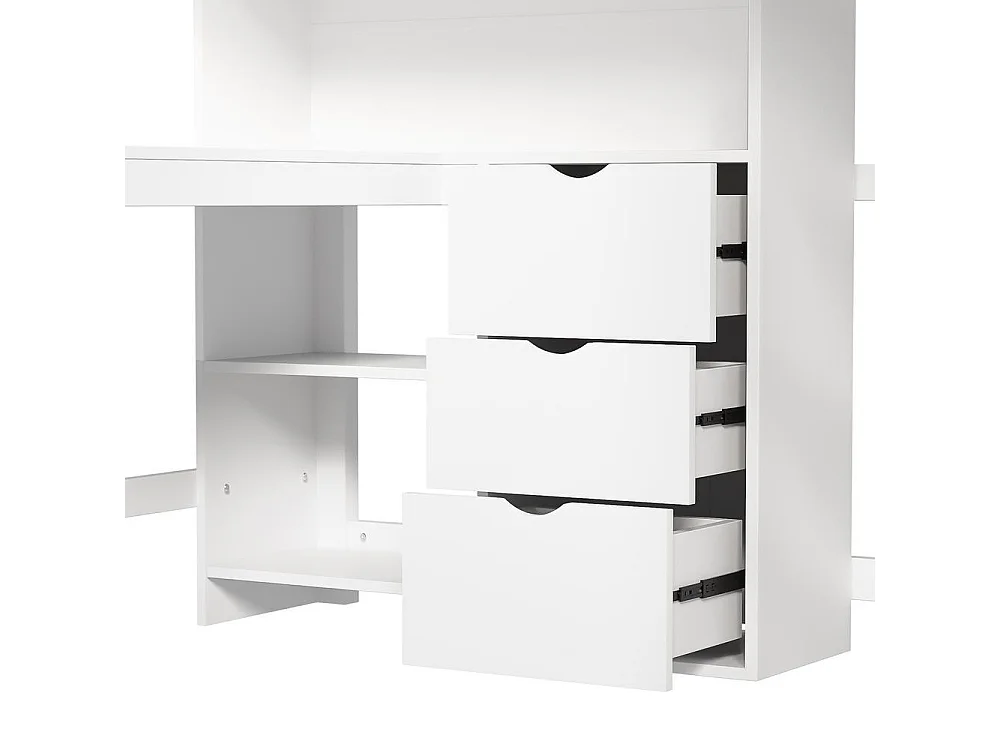 Lit mezzanine 90x200 cm pour enfants avec bureau intégré, 3 tiroirs, étagères multiples, échelle, garde-corps sécurisé, blanc