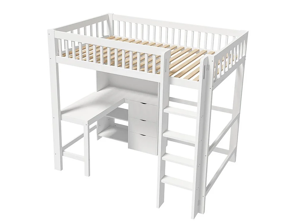 Lit mezzanine 90x200 cm pour enfants avec bureau intégré, 3 tiroirs, étagères multiples, échelle, garde-corps sécurisé, blanc