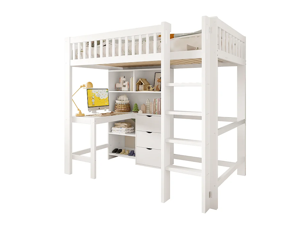 Lit mezzanine 90x200 cm pour enfants avec bureau intégré, 3 tiroirs, étagères multiples, échelle, garde-corps sécurisé, blanc