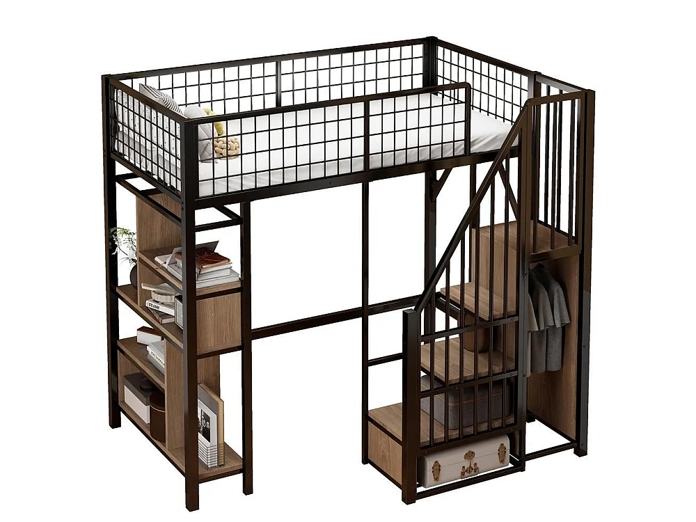 Lit mezzanine 90x200 cm, cadre métal, escalier avec rangement, étagères, adulte et enfant, robuste et pratique, noir