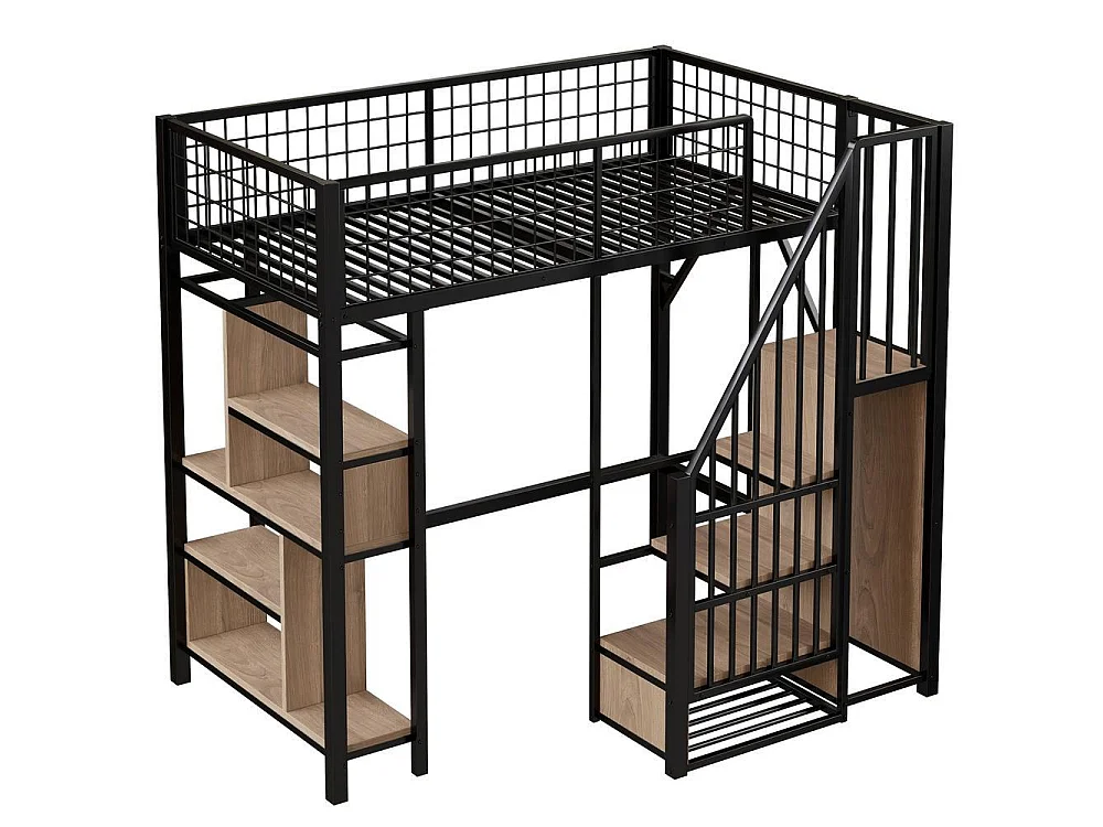 Lit mezzanine 90x200 cm, cadre métal, escalier avec rangement, étagères, adulte et enfant, robuste et pratique, noir