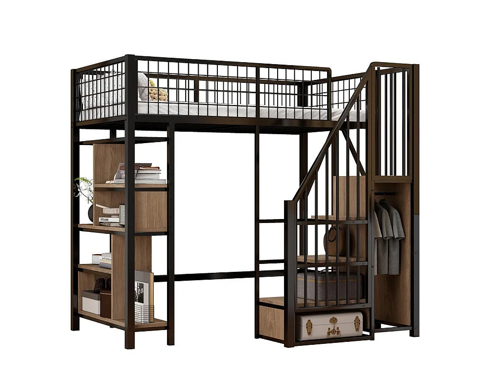 Lit mezzanine 90x200 cm, cadre métal, escalier avec rangement, étagères, adulte et enfant, robuste et pratique, noir