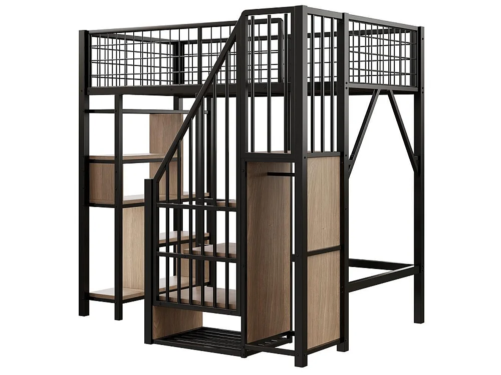 Lit mezzanine 90x200 cm, cadre métal, escalier avec rangement, étagères, adulte et enfant, robuste et pratique, noir