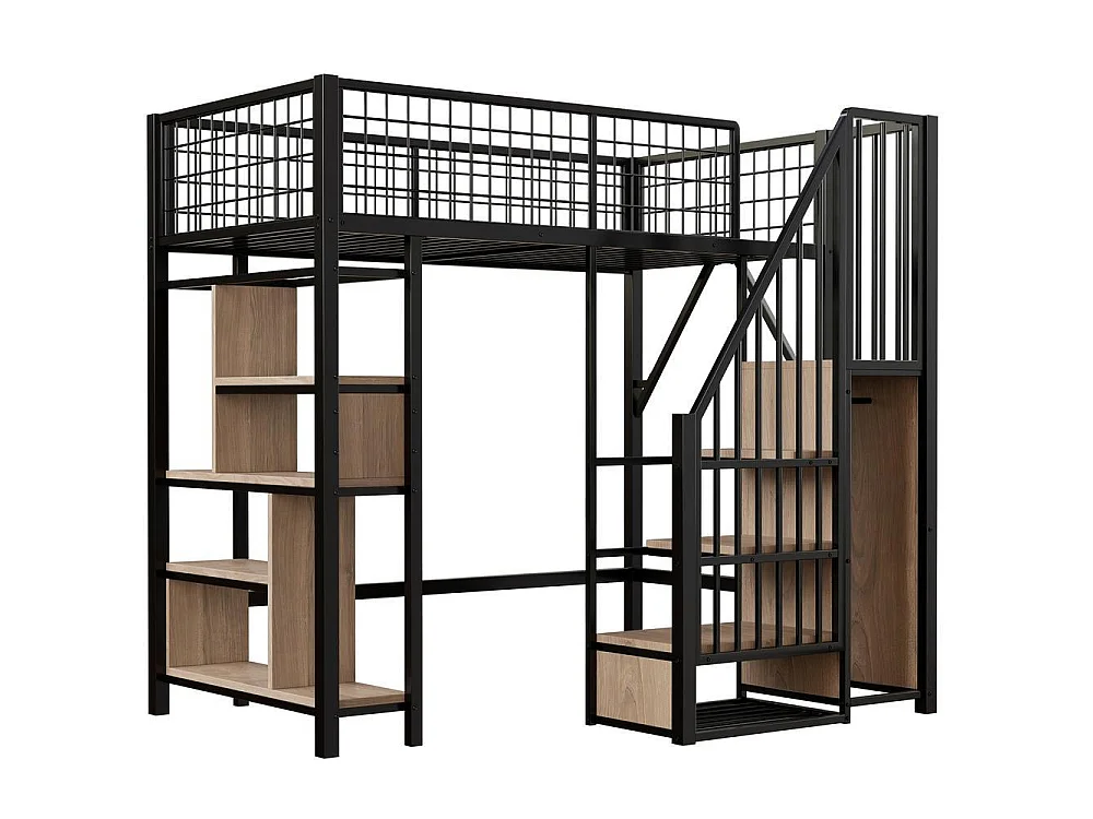 Lit mezzanine 90x200 cm, cadre métal, escalier avec rangement, étagères, adulte et enfant, robuste et pratique, noir