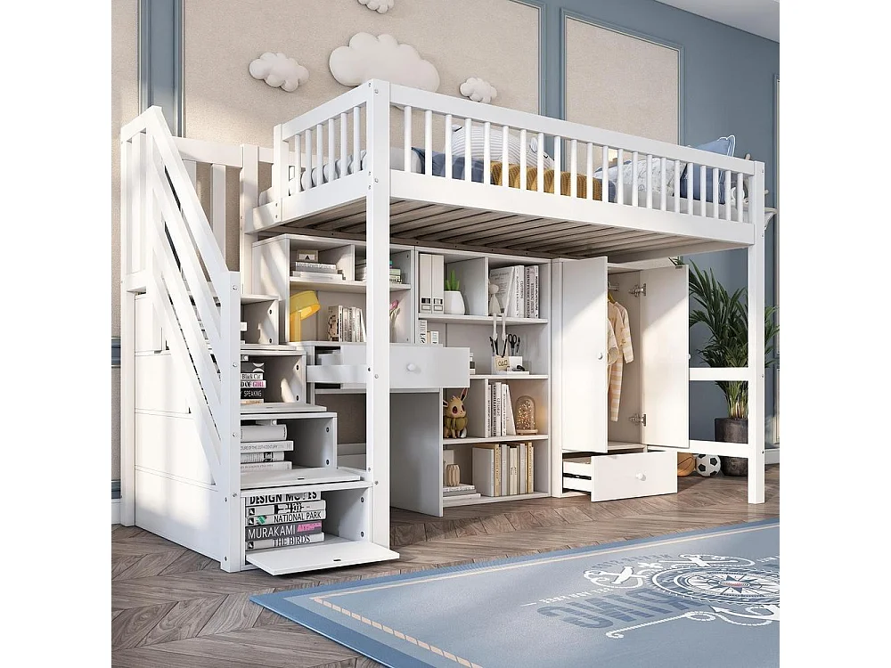 Lit enfant 90x200 cm, bureau, escalier rangement, placard, coffres, sommier lattes, bois massif MDF, blanc