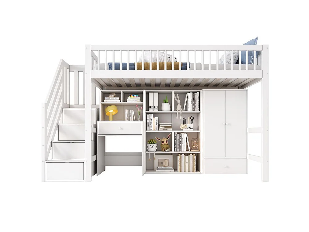 Lit enfant 90x200 cm, bureau, escalier rangement, placard, coffres, sommier lattes, bois massif MDF, blanc