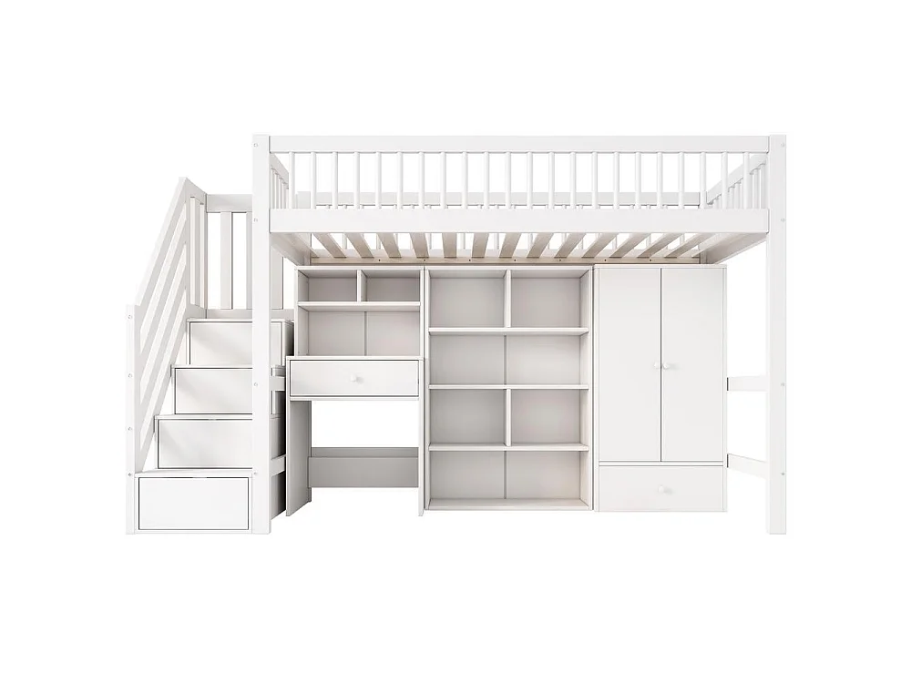 Lit enfant 90x200 cm, bureau, escalier rangement, placard, coffres, sommier lattes, bois massif MDF, blanc