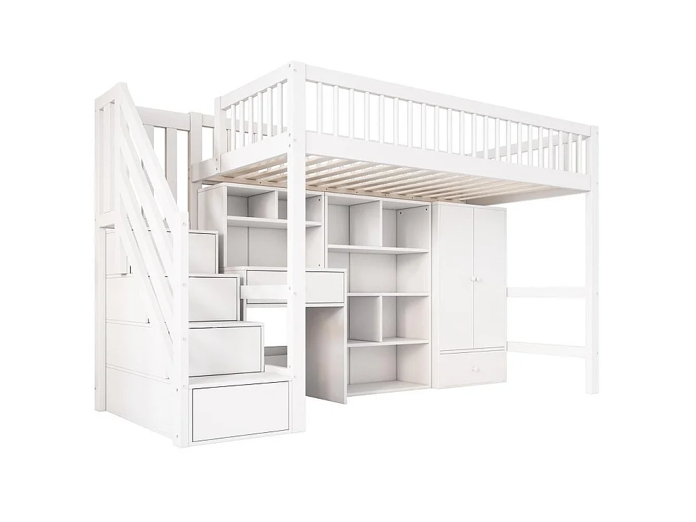 Lit enfant 90x200 cm, bureau, escalier rangement, placard, coffres, sommier lattes, bois massif MDF, blanc