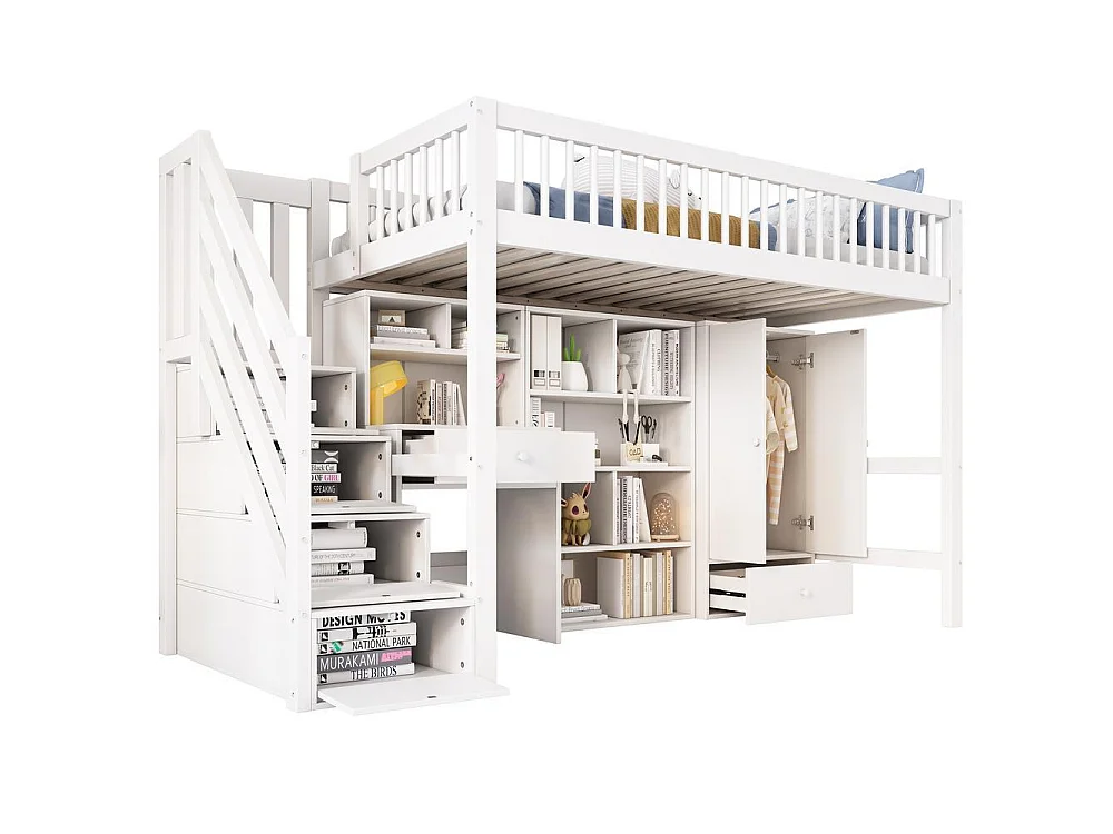 Lit enfant 90x200 cm, bureau, escalier rangement, placard, coffres, sommier lattes, bois massif MDF, blanc