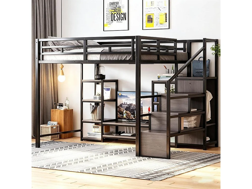 Lit mezzanine 140x200 cm, support TV, prise, échelle sécurisée avec rangement, bois et métal, design moderne, noir