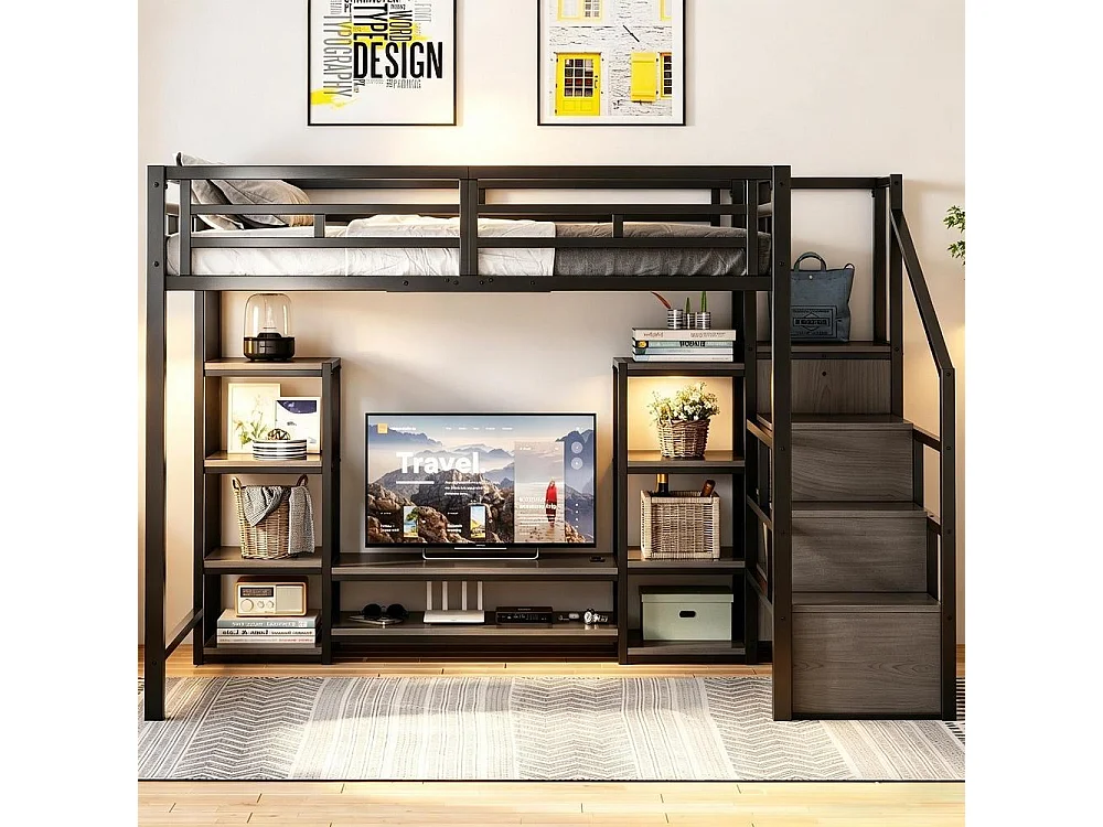 Lit mezzanine 140x200 cm, support TV, prise, échelle sécurisée avec rangement, bois et métal, design moderne, noir