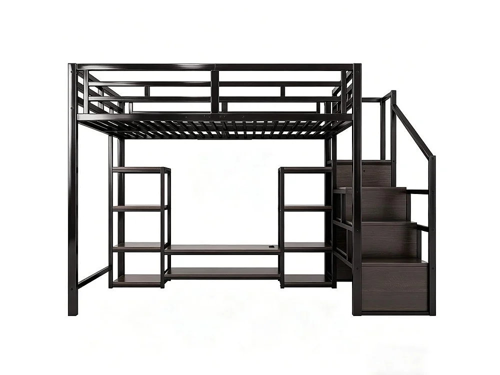 Lit mezzanine 140x200 cm, support TV, prise, échelle sécurisée avec rangement, bois et métal, design moderne, noir
