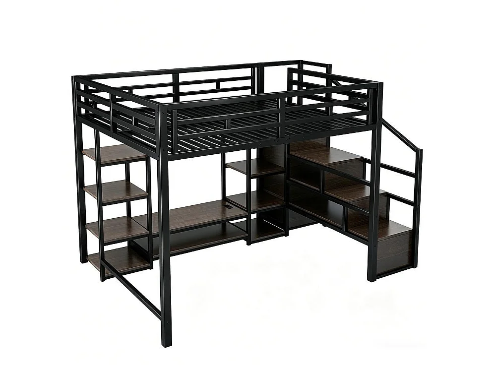 Lit mezzanine 140x200 cm, support TV, prise, échelle sécurisée avec rangement, bois et métal, design moderne, noir