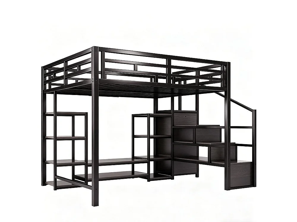 Lit mezzanine 140x200 cm, support TV, prise, échelle sécurisée avec rangement, bois et métal, design moderne, noir