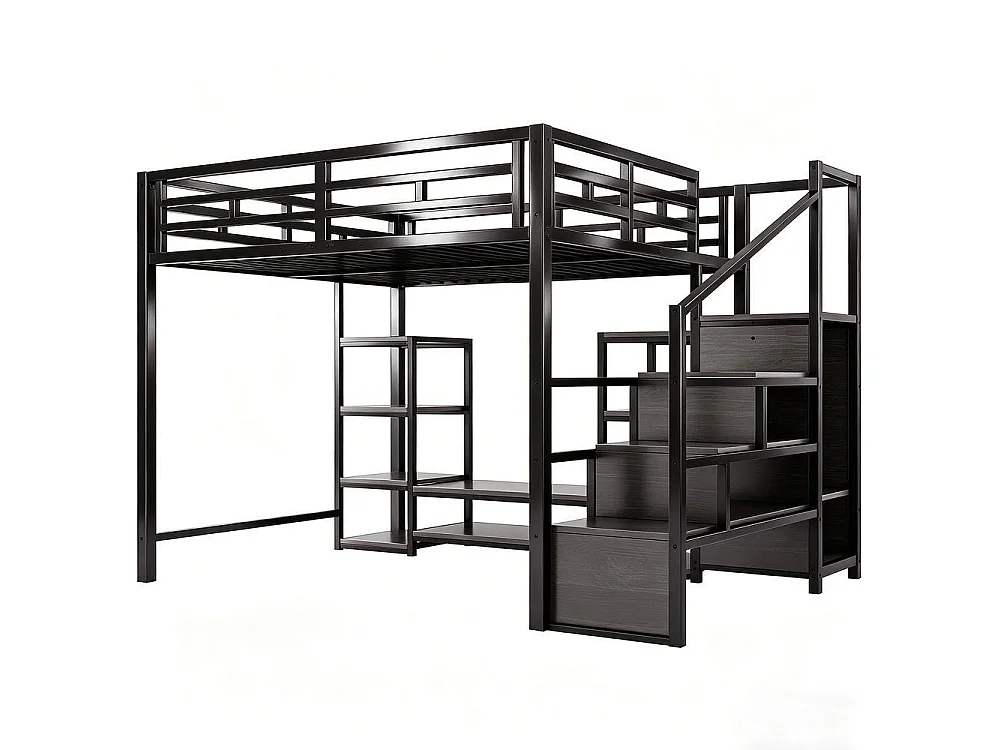 Lit mezzanine 140x200 cm, support TV, prise, échelle sécurisée avec rangement, bois et métal, design moderne, noir