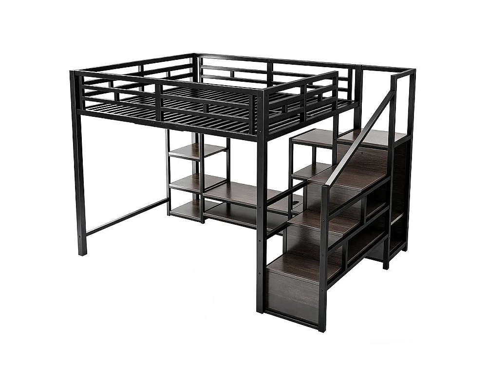 Lit mezzanine 140x200 cm, support TV, prise, échelle sécurisée avec rangement, bois et métal, design moderne, noir