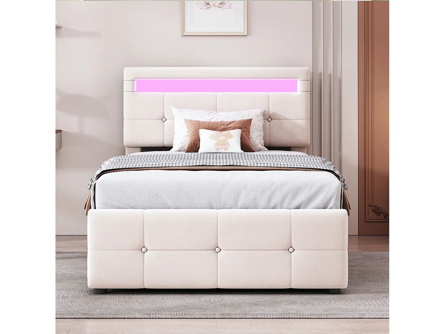 Lit Enfants 90x200cm Velours, LED RGB App+Remote, Rangement Hydraulique, Cadre Bois-Metal 200kg, Montage Facile, Beige