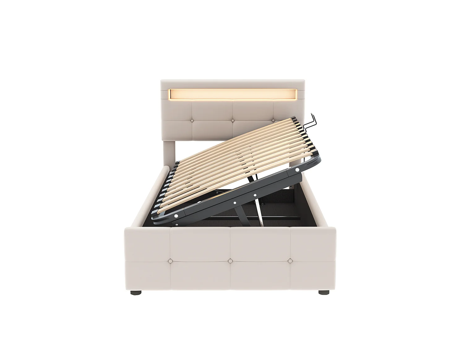 Lit Enfants 90x200cm Velours, LED RGB App+Remote, Rangement Hydraulique, Cadre Bois-Metal 200kg, Montage Facile, Beige