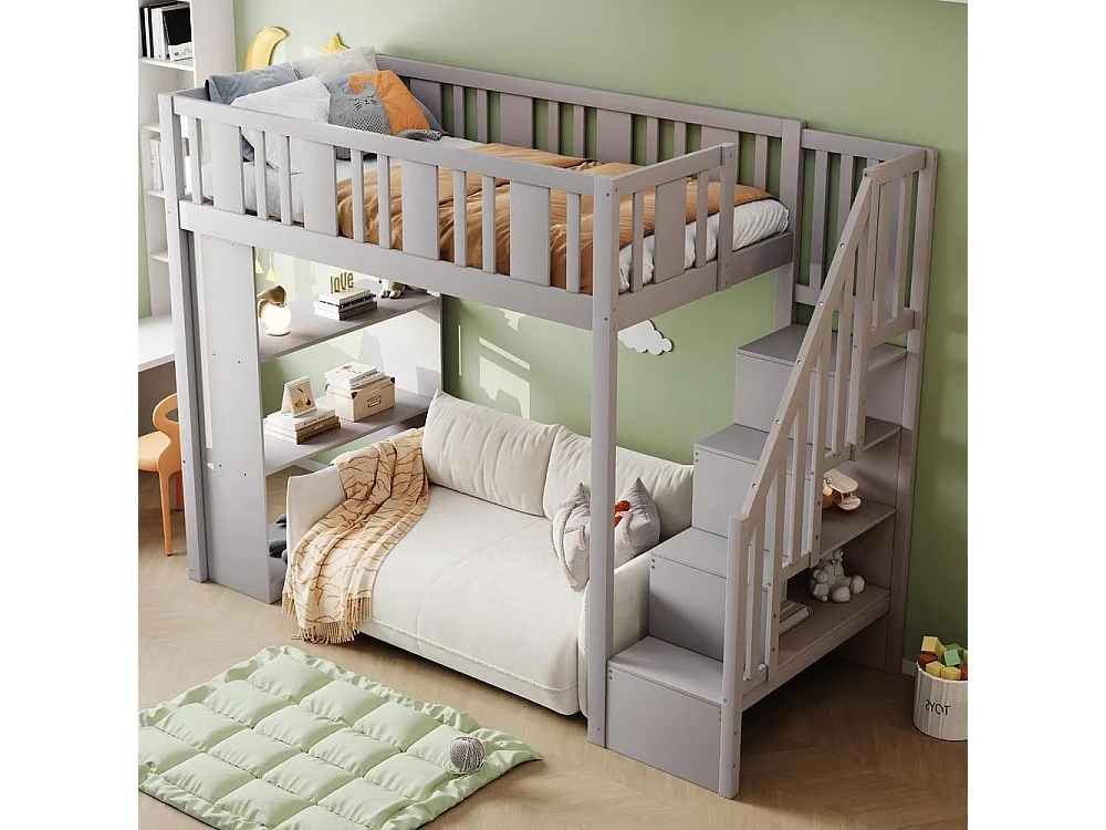 Lit mezzanine 90x200 cm bois massif avec escalier rangement sécuritaire tiroirs étagères multifonction pour enfants, gris