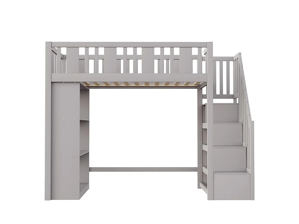 Lit mezzanine 90x200 cm bois massif avec escalier rangement sécuritaire tiroirs étagères multifonction pour enfants, gris