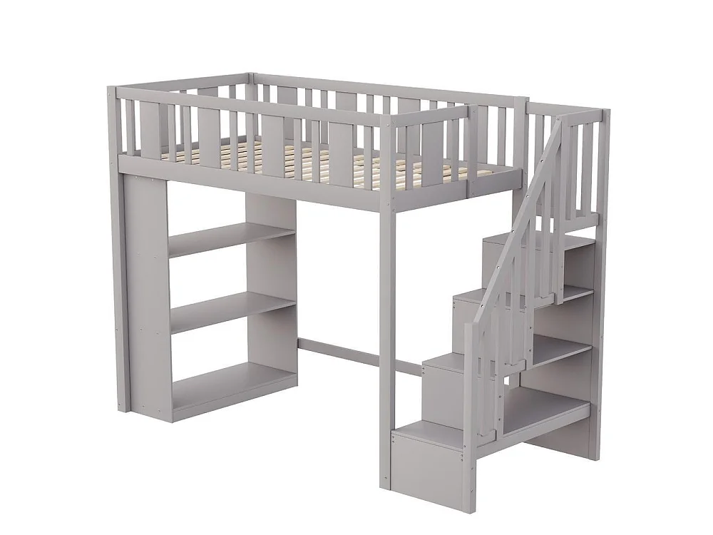 Lit mezzanine 90x200 cm bois massif avec escalier rangement sécuritaire tiroirs étagères multifonction pour enfants, gris