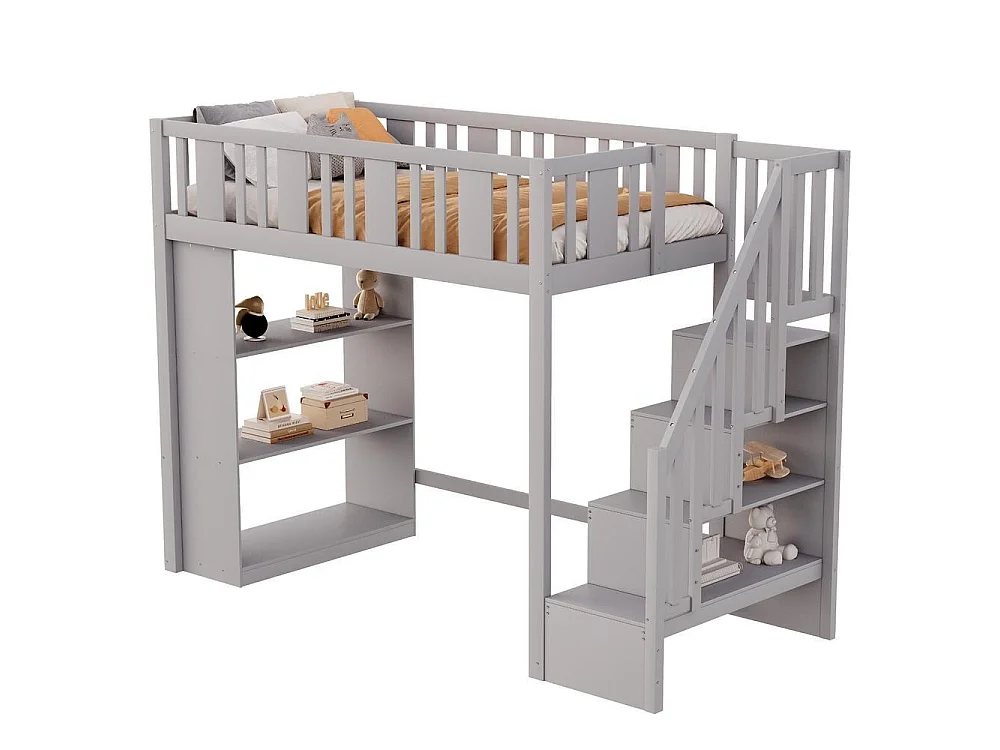 Lit mezzanine 90x200 cm bois massif avec escalier rangement sécuritaire tiroirs étagères multifonction pour enfants, gris