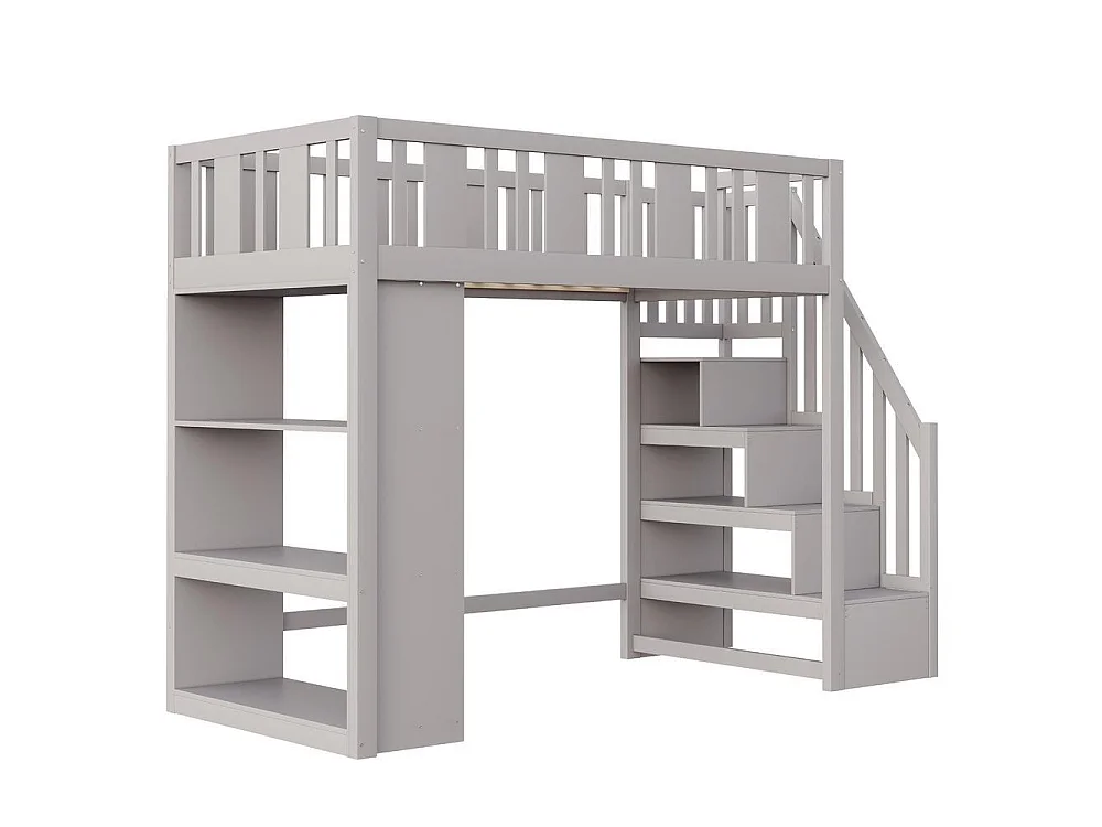 Lit mezzanine 90x200 cm bois massif avec escalier rangement sécuritaire tiroirs étagères multifonction pour enfants, gris
