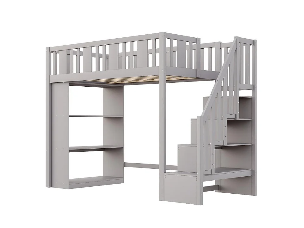 Lit mezzanine 90x200 cm bois massif avec escalier rangement sécuritaire tiroirs étagères multifonction pour enfants, gris