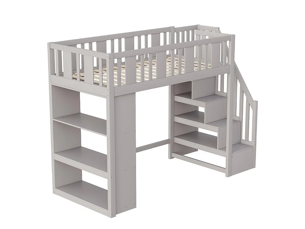 Lit mezzanine 90x200 cm bois massif avec escalier rangement sécuritaire tiroirs étagères multifonction pour enfants, gris