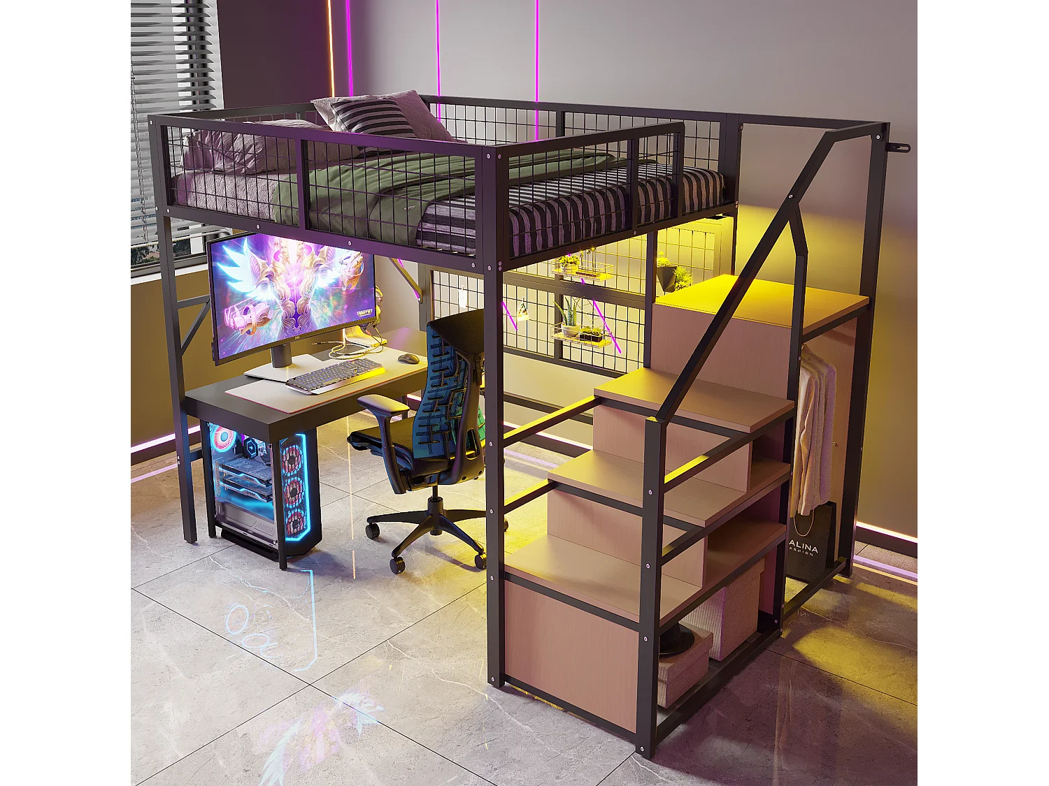 Lit Mezzanine 140x200 avec Échelle Rangement, Armoire Ouverte, Bandeau LED Intégré, Métal Noir Enfant Adolescent