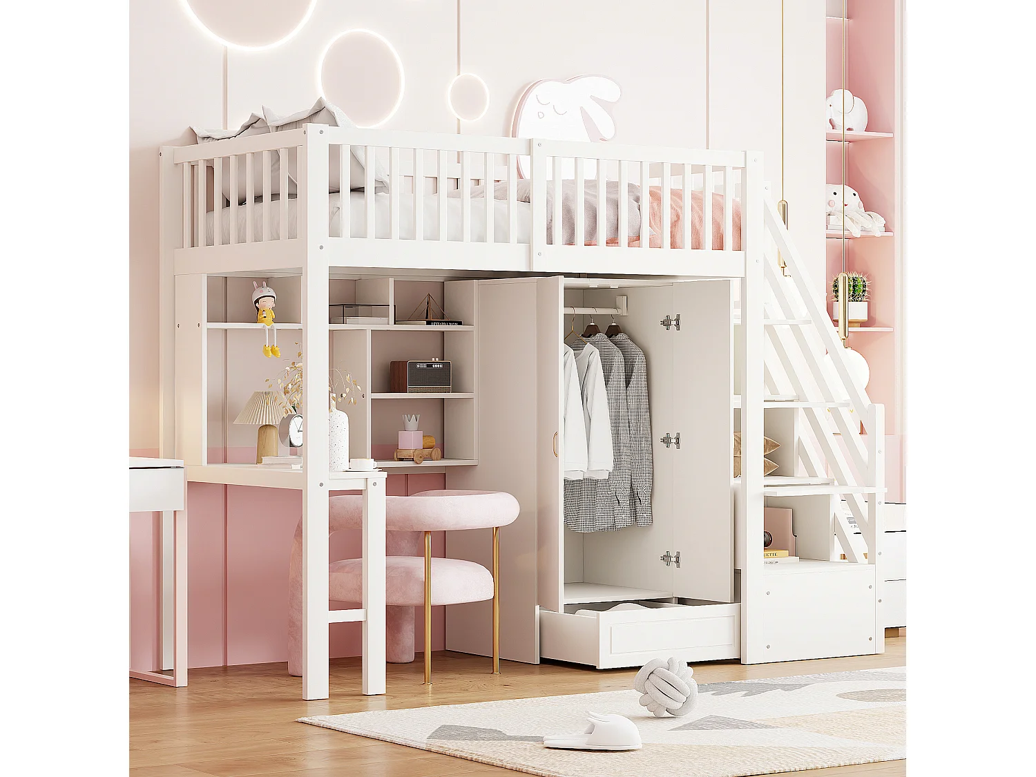 Lit mezzanine 90x200 cm, avec armoire, étagère, bureau et escalier de rangement, cadre de lit en bois, blanc