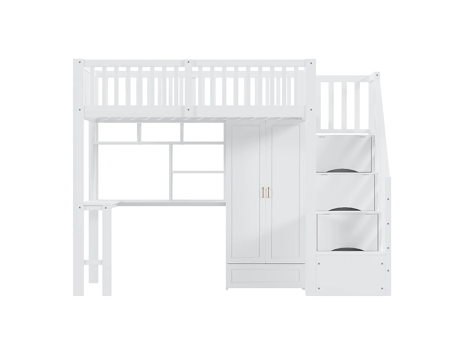 Lit mezzanine 90x200 cm, avec armoire, étagère, bureau et escalier de rangement, cadre de lit en bois, blanc